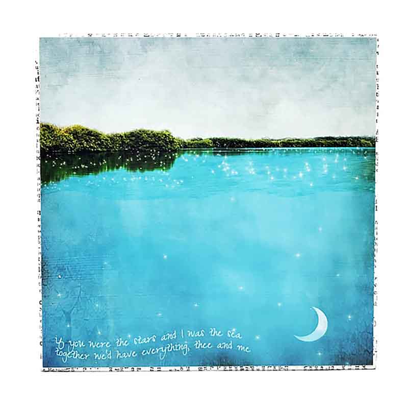 Art block by MKC Photography featuring a moonlit lake and the words, if you were the stars and I was the sea, together we'd have everything, thee and me. Find it at The Handmade Showroom,