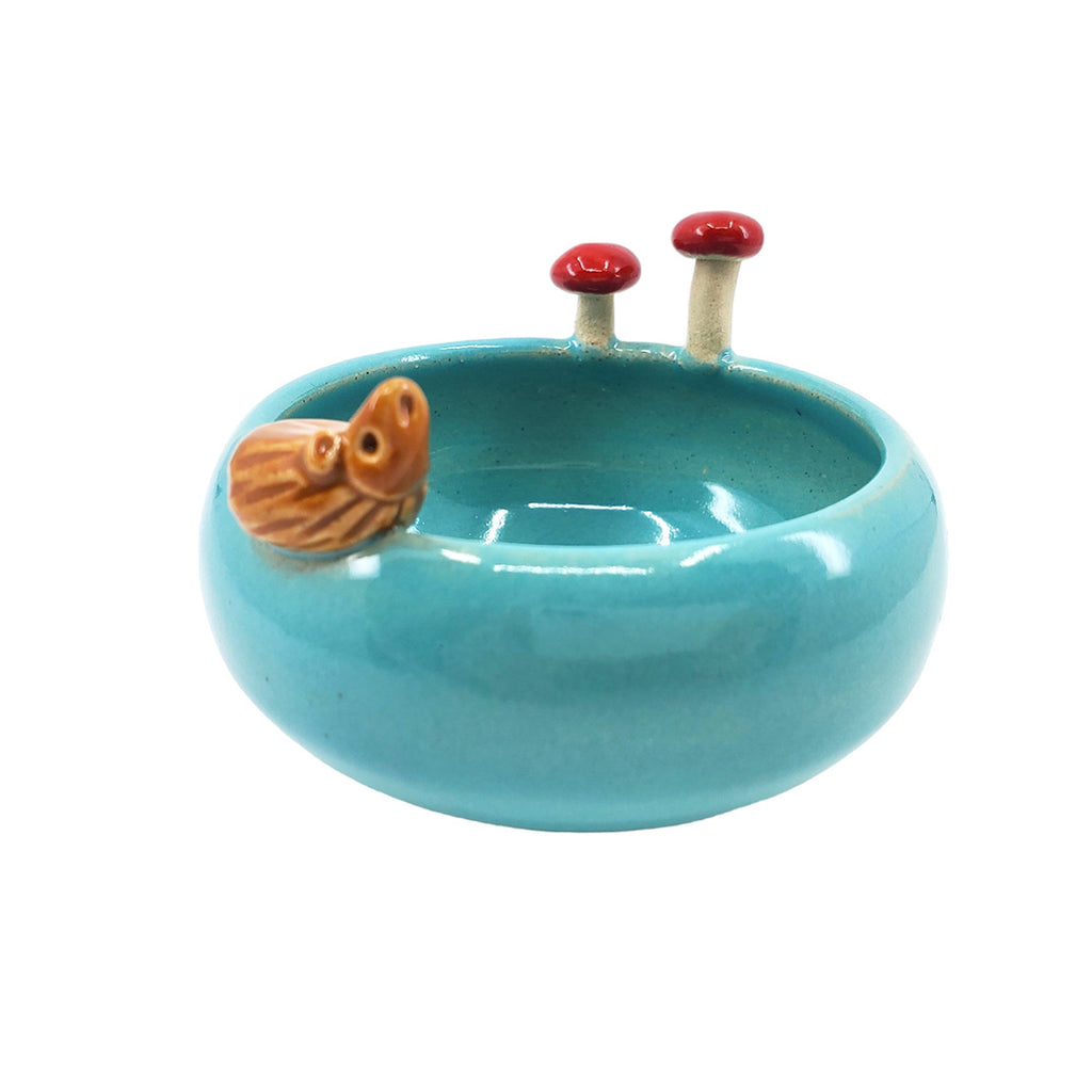Hedgehog and mushrooms on a trinket bowl by Tasha McKelvey at The Handmade Showroom Seattle WA