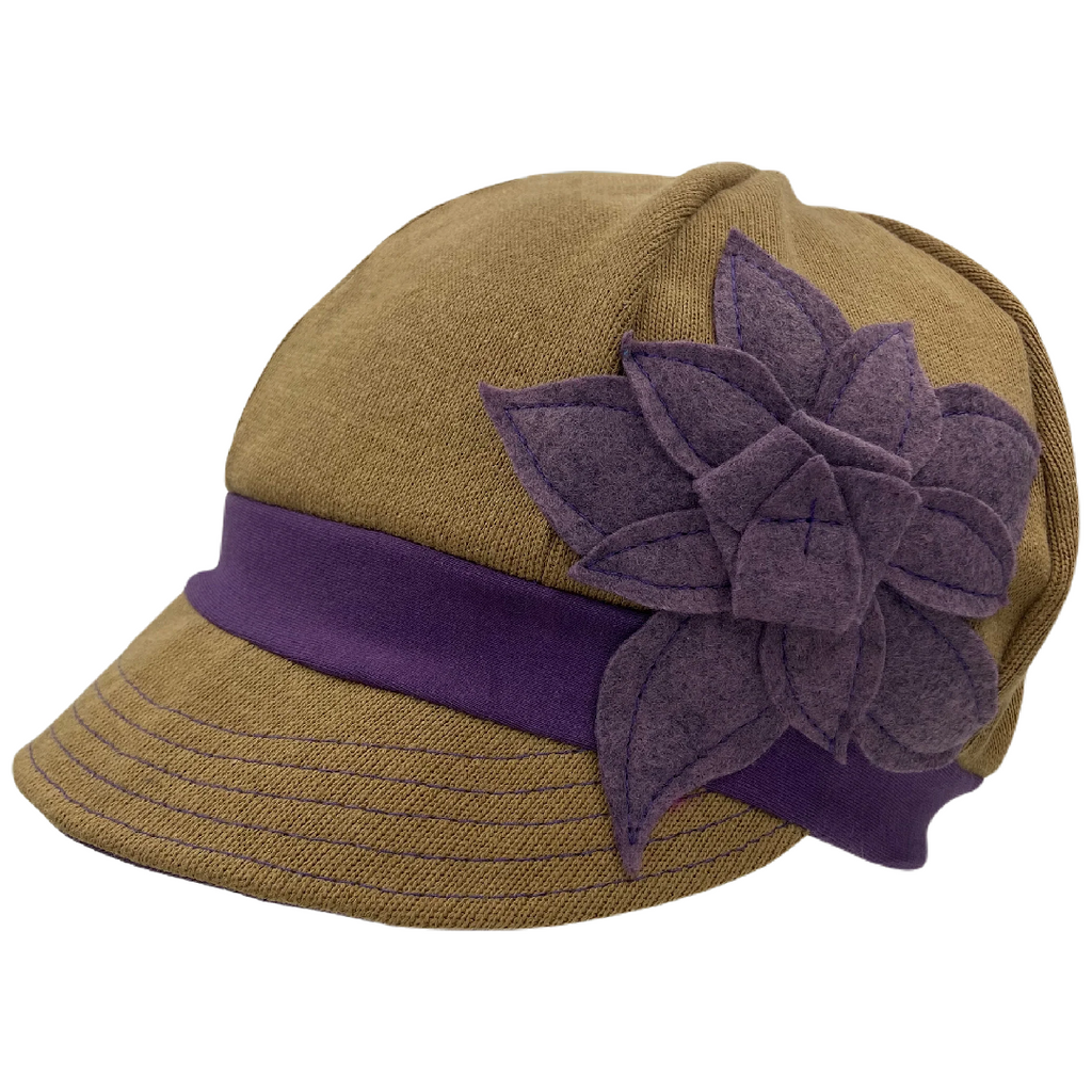 Adult Hat - Organic Jersey Weekender in Light Brown with Purple Flower and Band by Hats for Healing