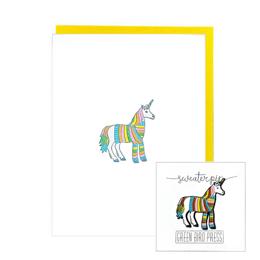 Gift Bundle - Unicorn Sweater Letterpress Card and Enamel Pin Set by Green Bird Press