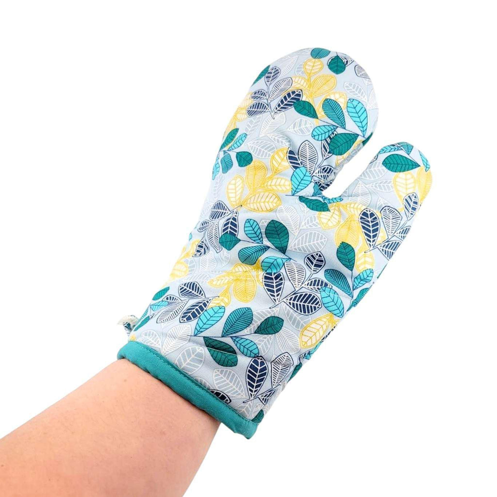 Oven Mitt - Classic Quilted in Teal Yellow Leaves by Seattle Stitchery