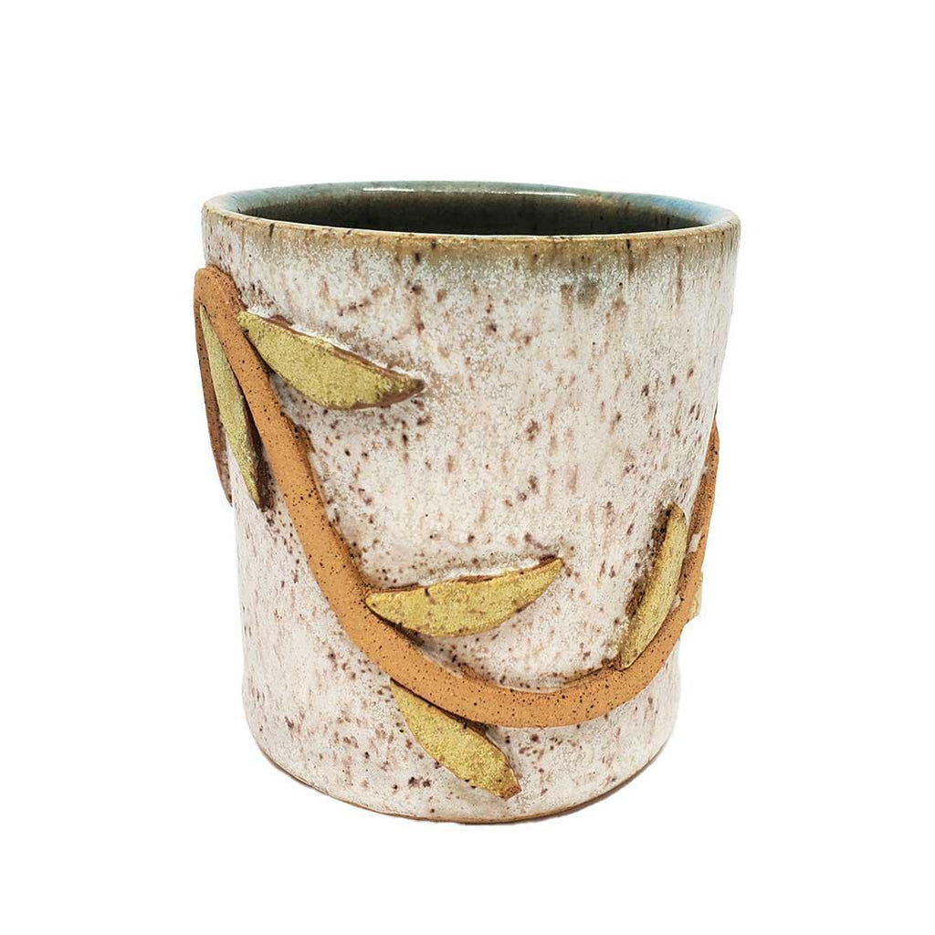 Mug - L -  White Leafy Branch (Teal Interior) by Kathy Manzella Ceramics