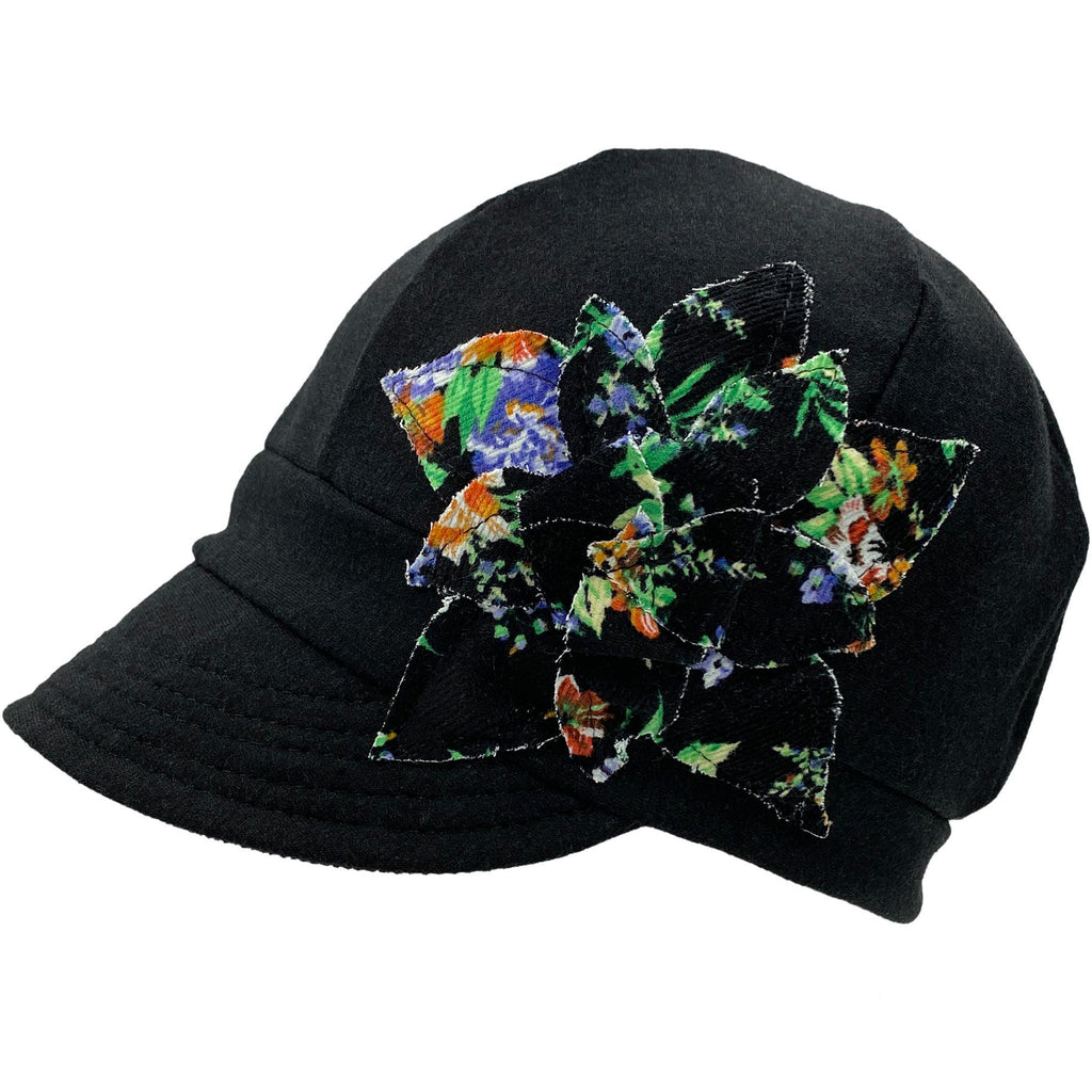 Adult Hat - Organic Jersey Weekender in Black with Multicolor Flower by Hats for Healing