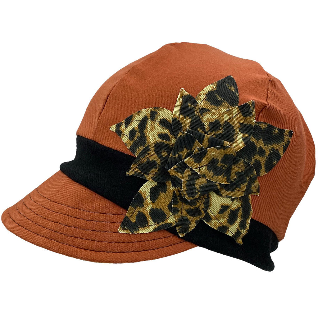 Adult Hat - Organic Jersey Weekender in Burnt Orange with Black Band and Leopard Flower by Hats for Healing