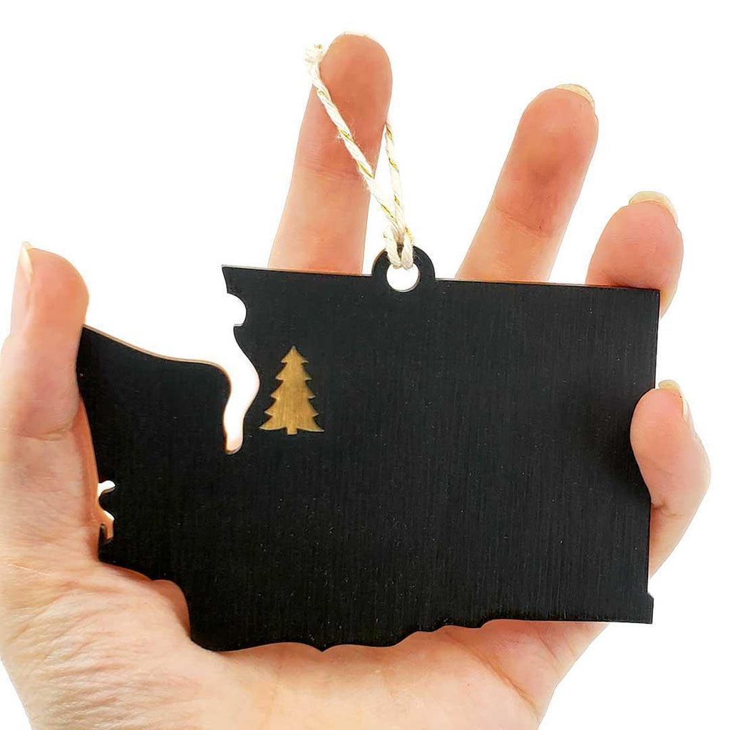 Ornaments - Large - WA State Pine Tree over Seattle (Black) by SnowMade