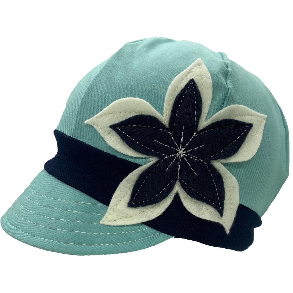Adult Hat - Organic Jersey Weekender in Caribbean Blue with Navy Band and Layered Cream Flower by Hats for Healing