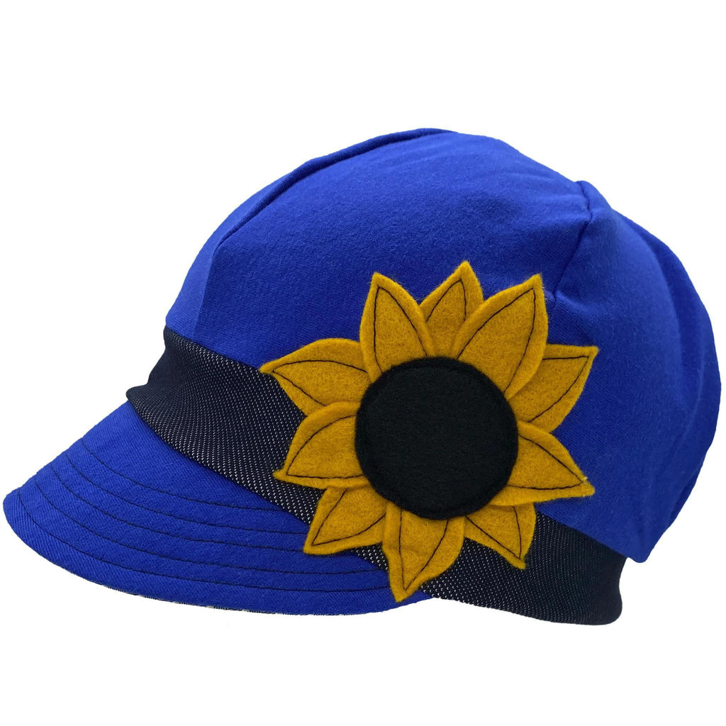Adult Hat - Upcycled Jersey Weekender in Cobalt Blue with Black Dot Band and Sunflower by Hats for Healing