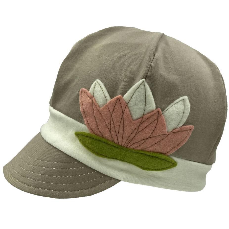 Adult Hat - Organic Jersey Weekender in Taupe with White Band and Pink Lotus by Hats for Healing