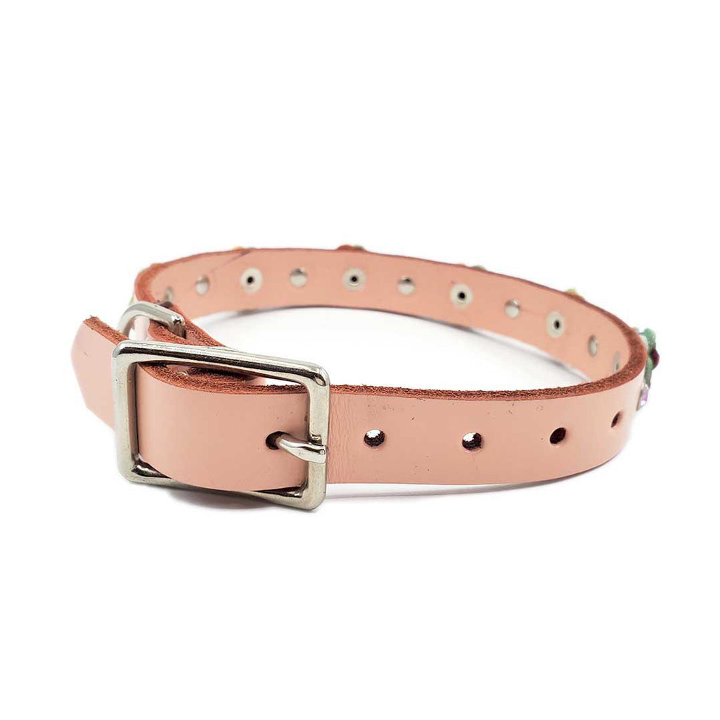 Dog Collar - S-M - Pale Pink with Crystals Flowers by Greenbelts