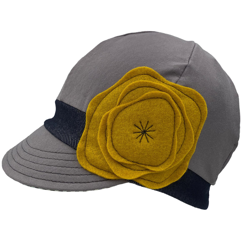 Adult Hat - Organic Jersey Weekender in Purple-Gray with Black Band and Yellow Poppy by Hats for Healing