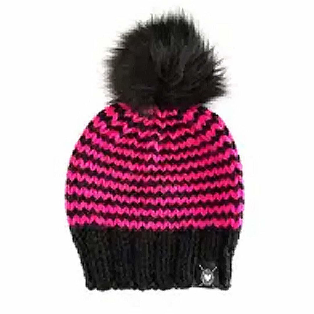 Beanie - Classic Wool-Free Pom in Black Pink Stripes with Black Faux Fur by Nickichicki