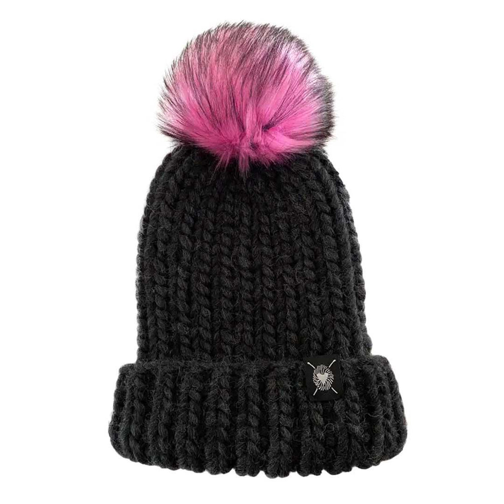 Beanie - Luxe Merino Folded Pom in Solid Black with Neon Pink Faux Fur by Nickichicki