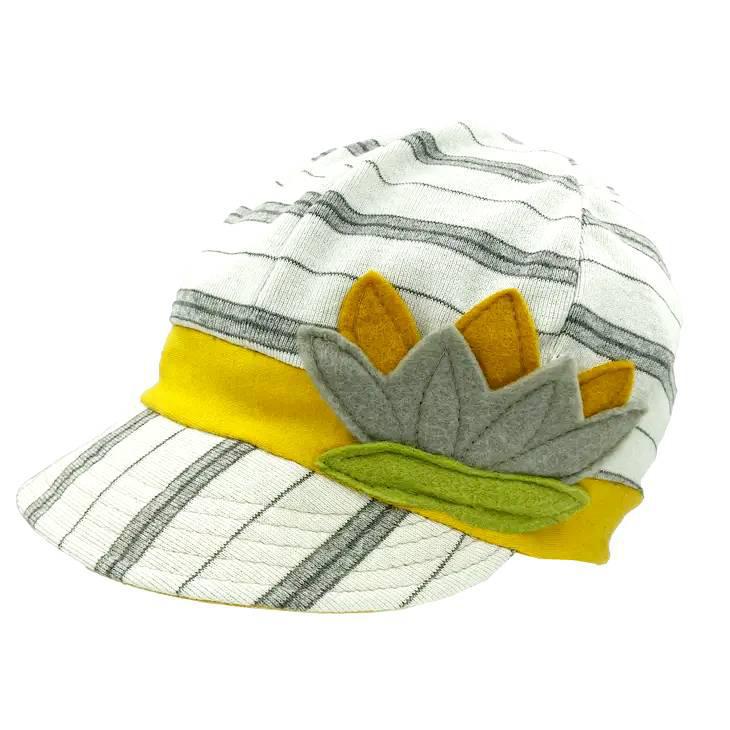 Adult Hat - Organic Jersey Weekender in Gray and White Stripe with Yellow Lotus by Hats for Healing