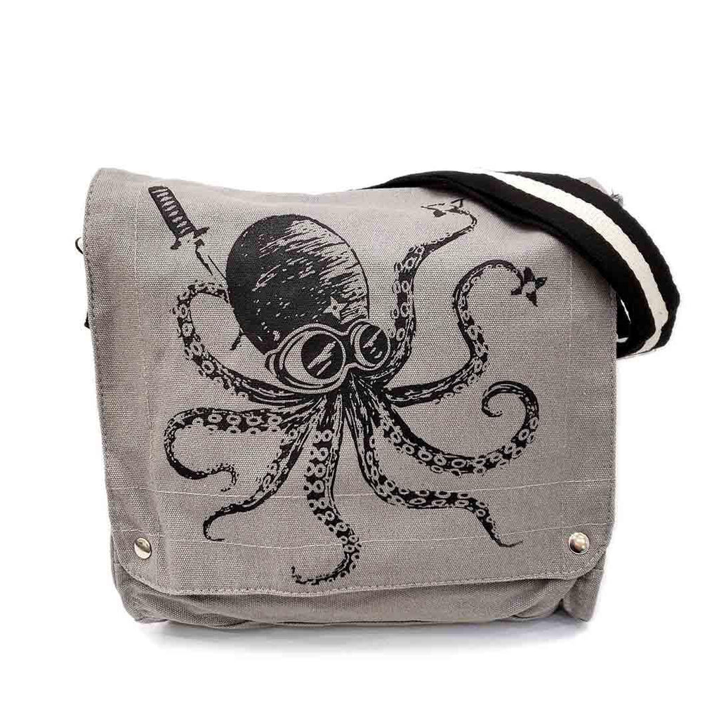 Messenger Bag - Black Ninja Octopus on Gray Canvas Bag Striped Strap by Namu