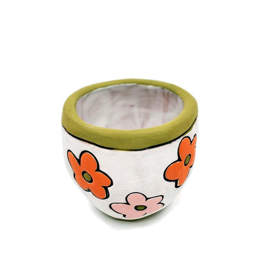 Tiny Cup - 2.5in - Orange Pink Flowers on White by Leslie Jenner Handmade