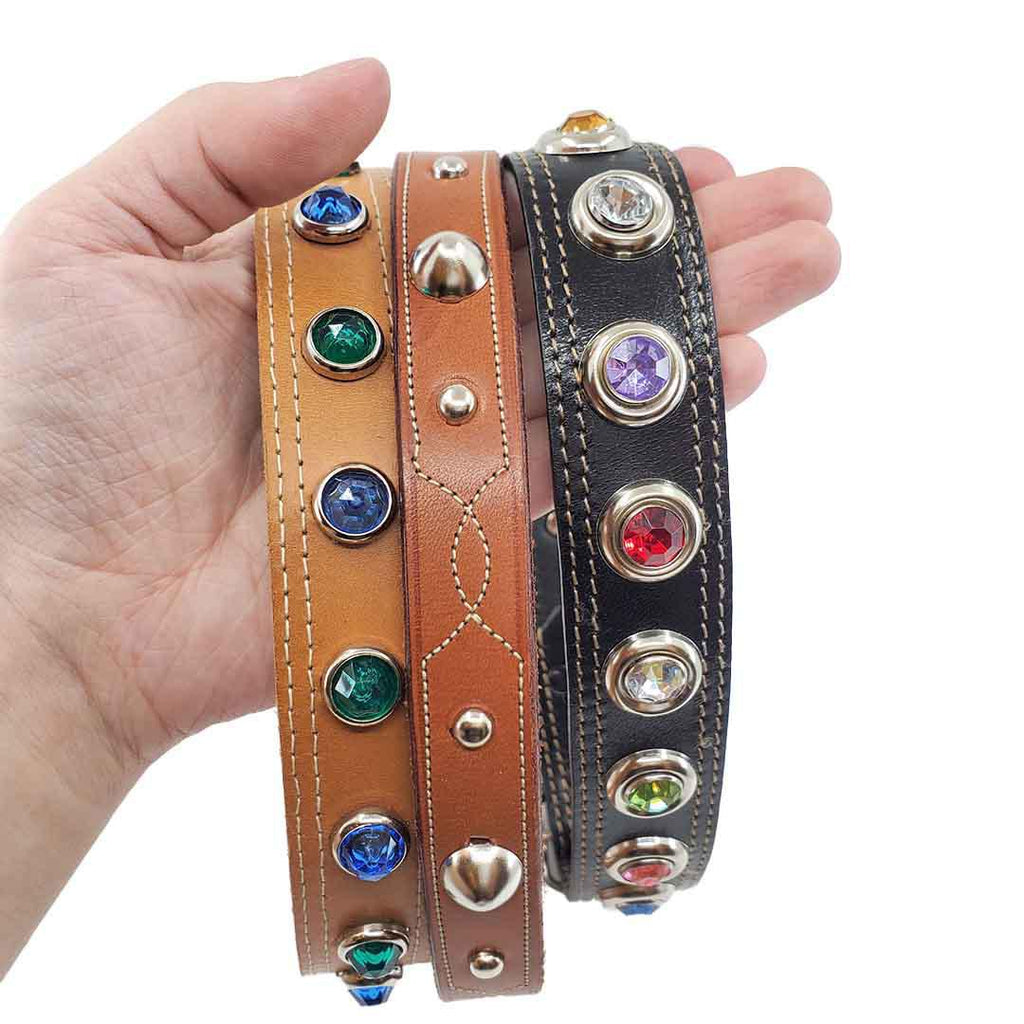 Dog Collar - M-L - Brown Stitch with Silver Studs by Greenbelts