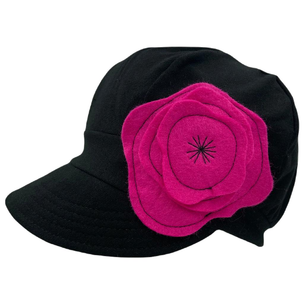 Adult Hat - Organic Jersey Weekender in Black with Fuchsia Poppy by Hats for Healing