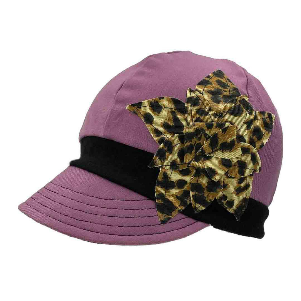 Adult Hat - Organic Jersey Weekender in Mauve with Black Band and Leopard Flower by Hats for Healing