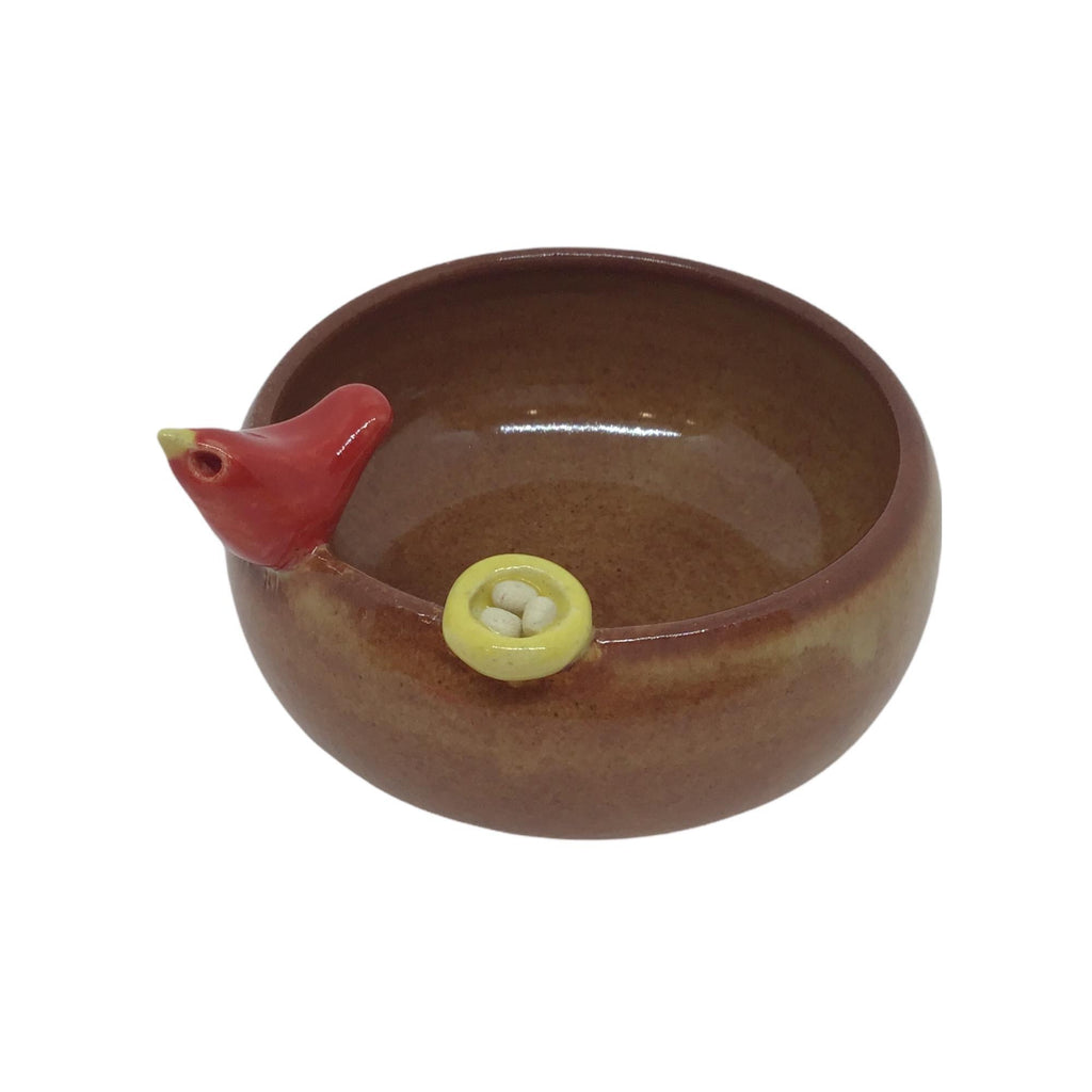 Small Bowl - Shino Brown with Nest (Assorted Bird Colors) by Tasha McKelvey