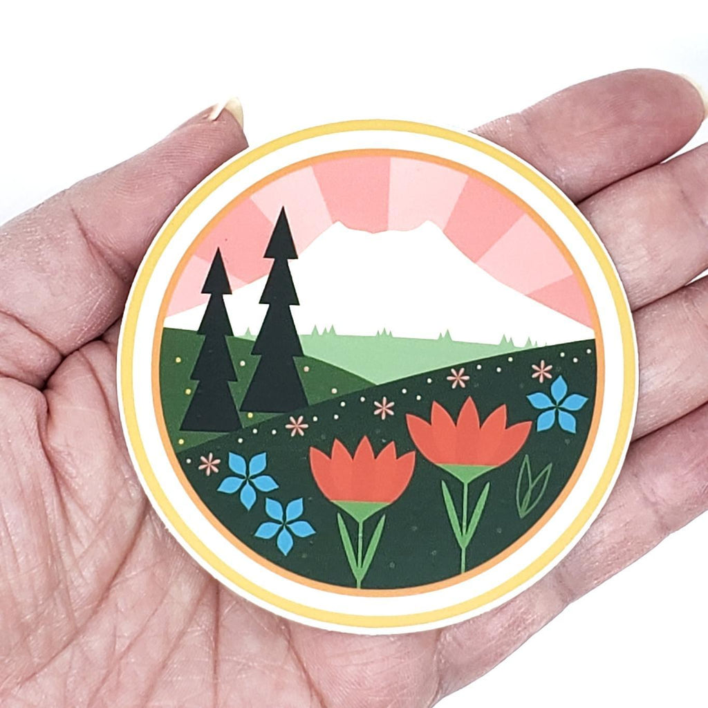 Sticker - Mount St. Helens  Pink Sky Round by Amber Leaders Designs
