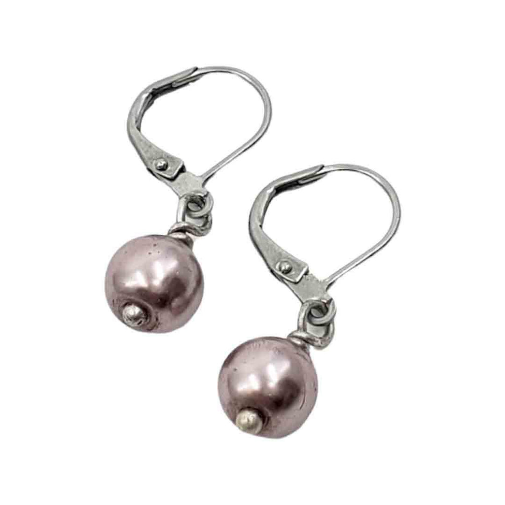 Earrings - Small Mauve Pink Faux Pearl Stainless Steel by Christine Stoll | Altered Relics