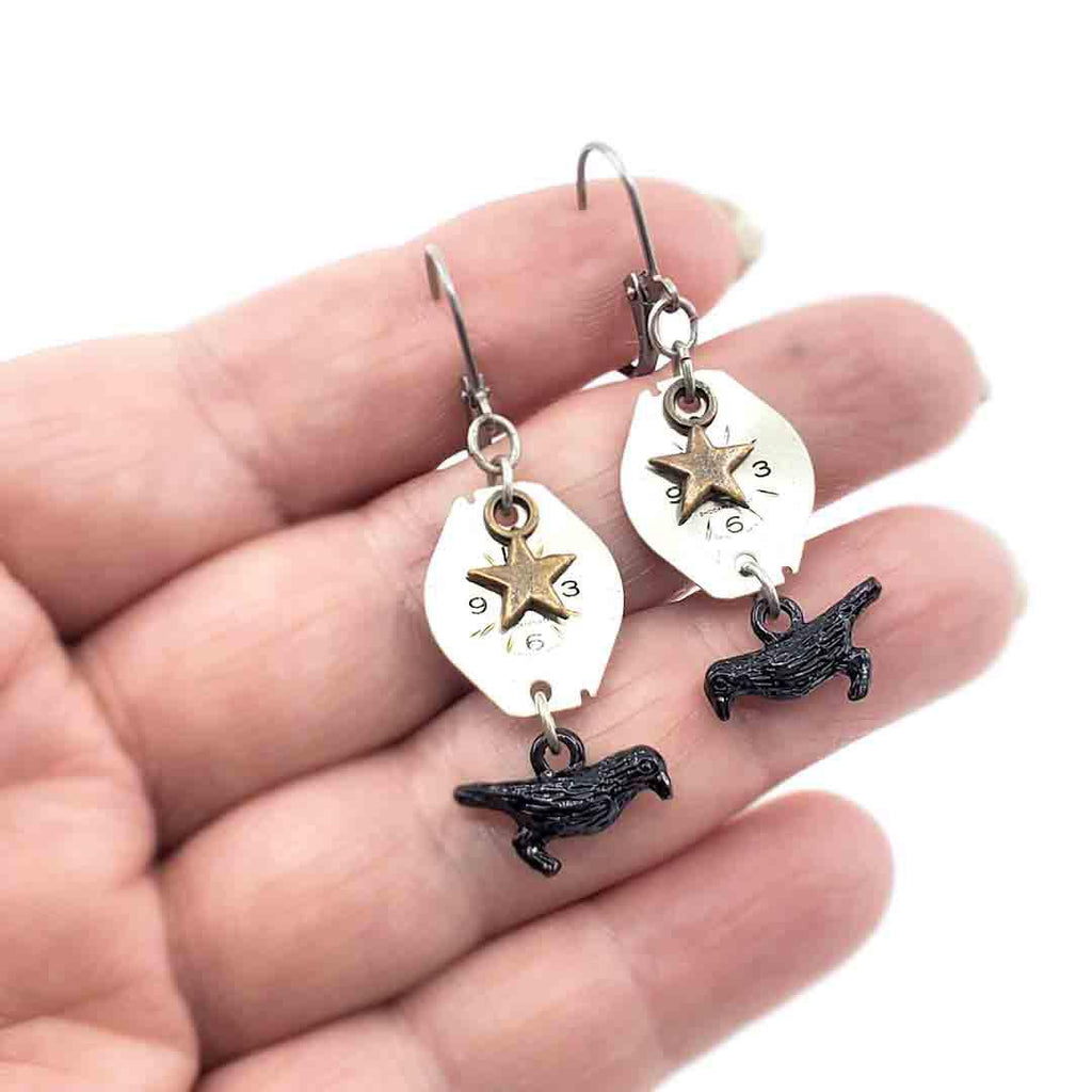 Earrings - Watch Dials - Crows & Stars with Stainless Steel Earwires by Christine Stoll