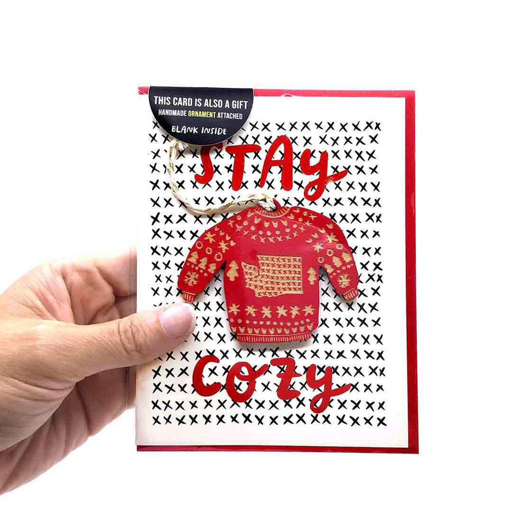 Ornament Card - Stay Cozy WA Red Sweater by SnowMade