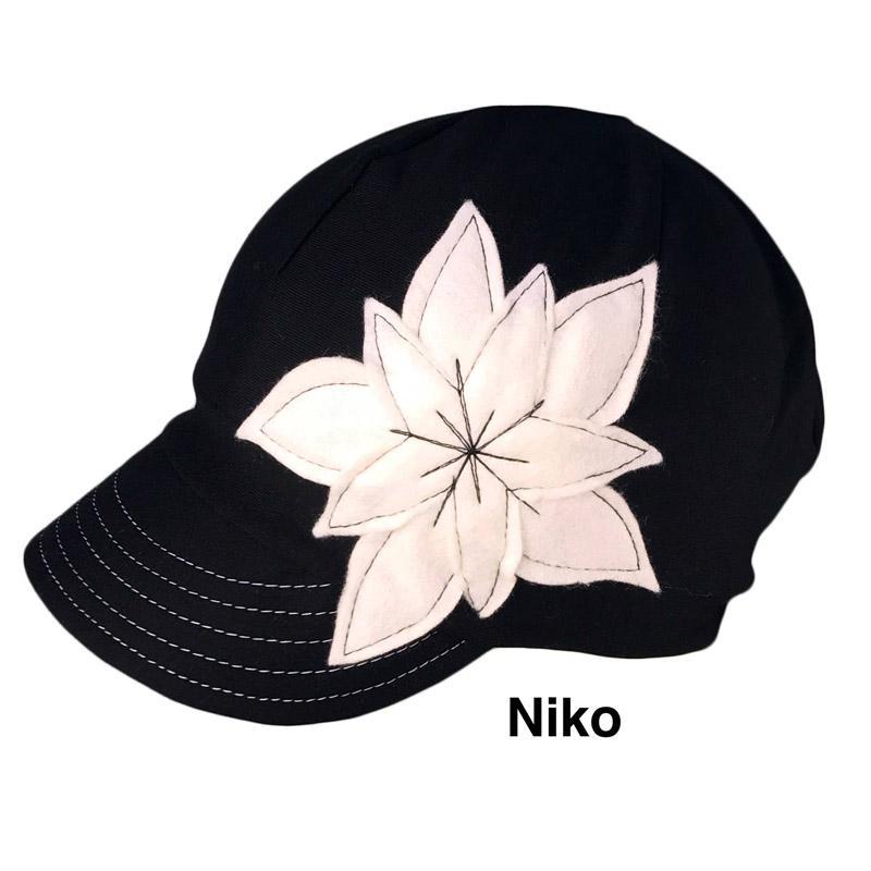 Adult Hat - Organic Jersey Weekender in Black with White Flower by Hats for Healing