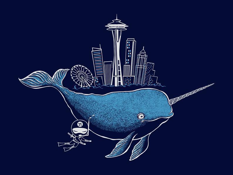 Adult Tee - Narwhal and Ninja Seattle Skyline on Blue (XS - 2XL) by Namu