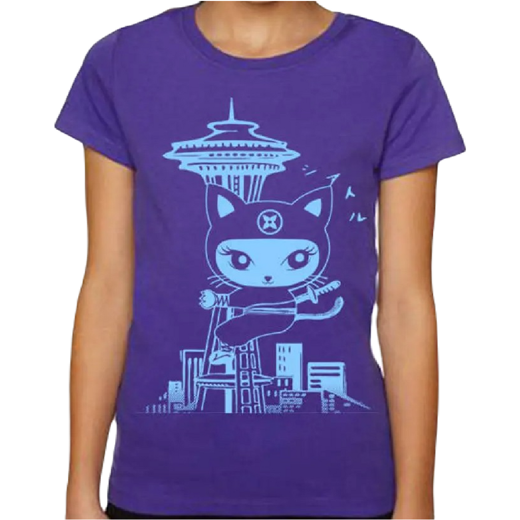 Kids Tee - Seattle Ninja Kitty Teal on Purple by Namu