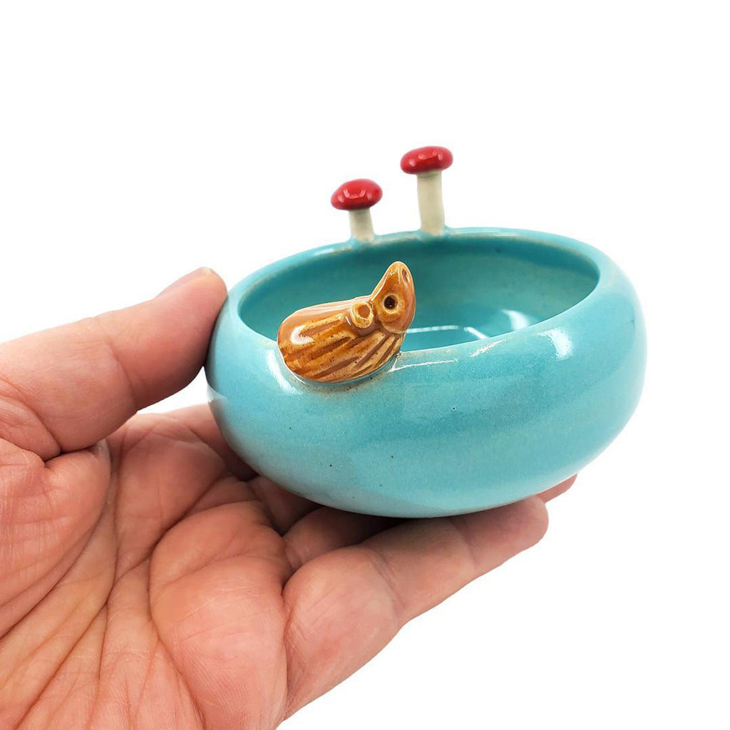 Bowl - Small Hedgehog with Mushrooms (Turquoise) by Tasha McKelvey