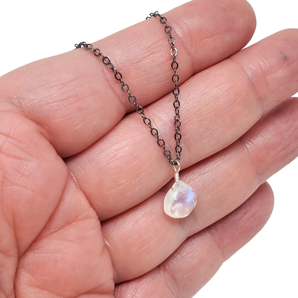 Necklace - Rainbow Moonstone Gemstone Oxidized Sterling by Foamy Wader