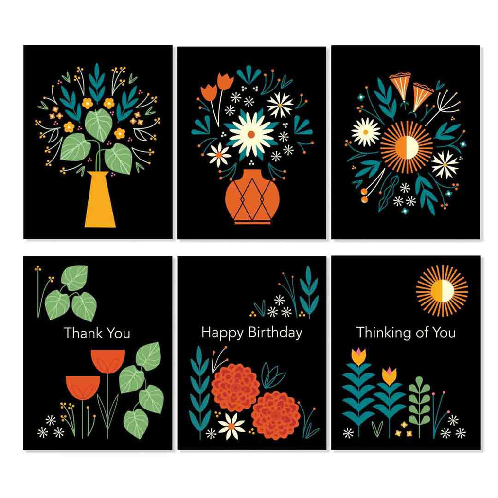 Card Set of 6 - Floral on Black by Amber Leaders Designs