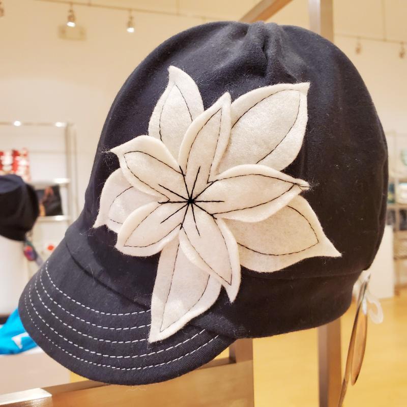 Adult Hat - Organic Jersey Weekender in Black with White Flower by Hats for Healing