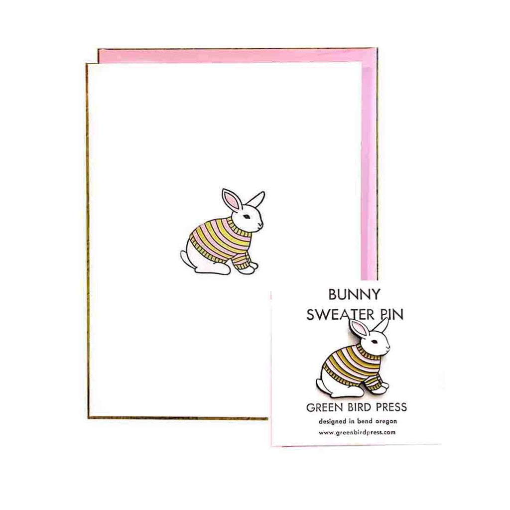 Gift Bundle - Sweater Bunny Letterpress Card and Enamel Pin Set by Green Bird Press