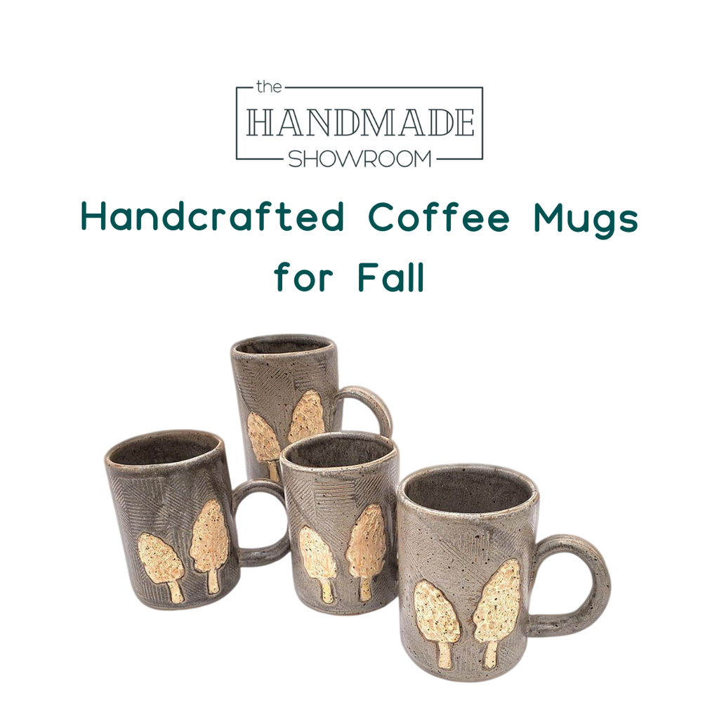 An article about handcrafted coffee mugs for fall featuring mugs with morel mushrooms on them