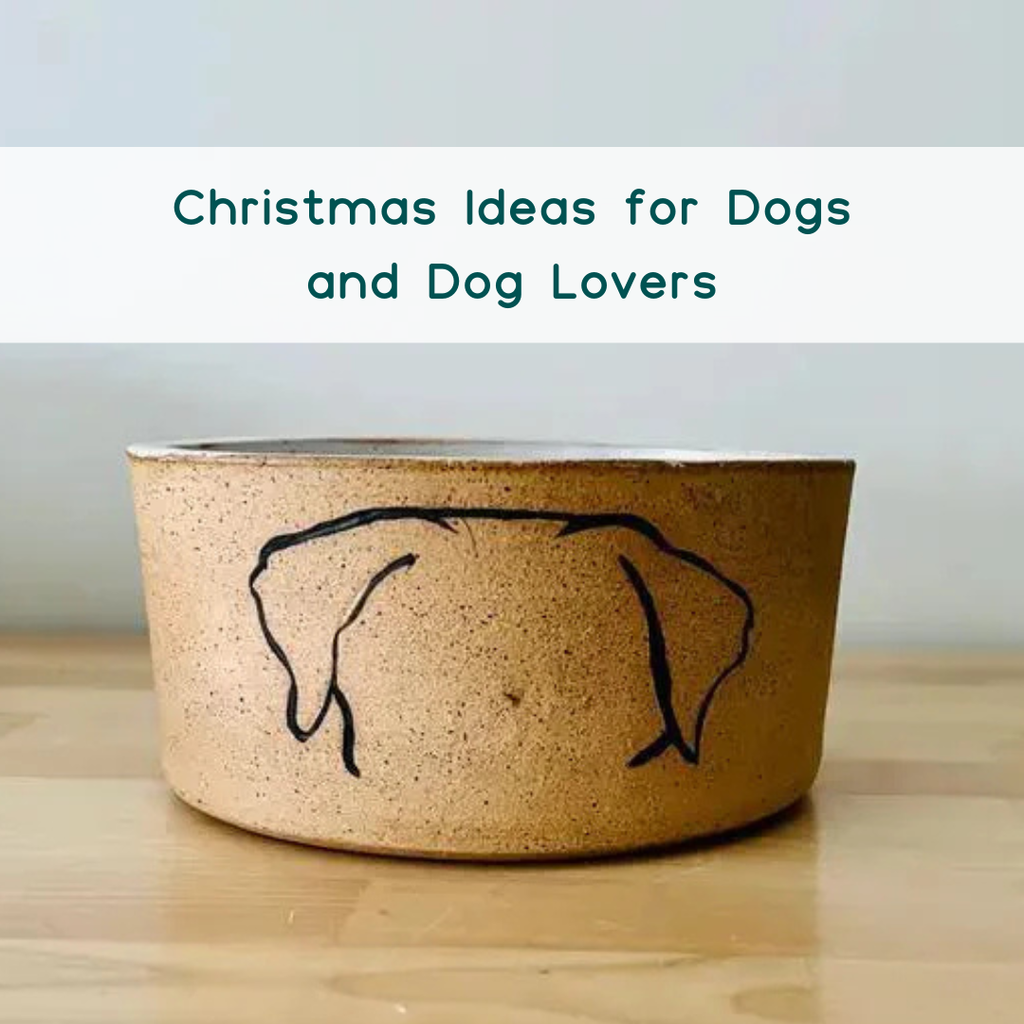 image of a handcrafted ceramic dog bowl featuring a modern image of a dog for a blog post titled Christmas Ideas for Dogs and Dog Lovers
