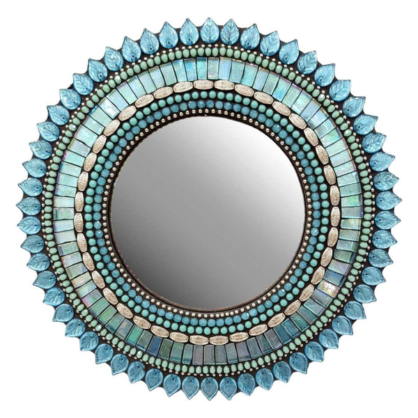 Mosaic Mirror - 10in Round (Aquamarine Leaf) by Zetamari Mosaic Artworks