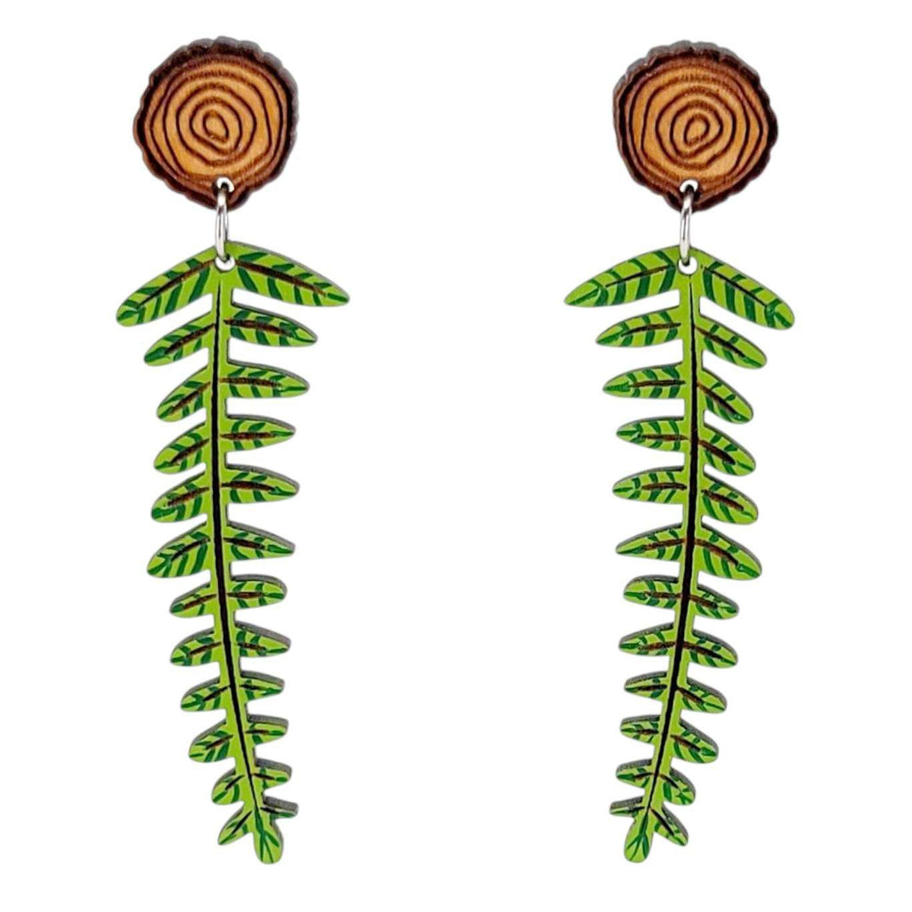 Earrings - Woodland Fern Wood Slice (Post Dangles) by Fresh Cuttery