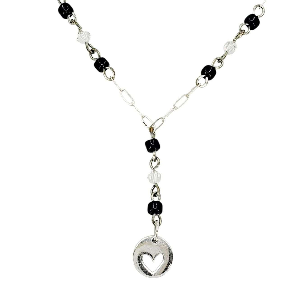 Necklace - Heart Drop Pendant Bead Chain (Black Glass, Swarovski, Sterling Silver) by imakecutestuff