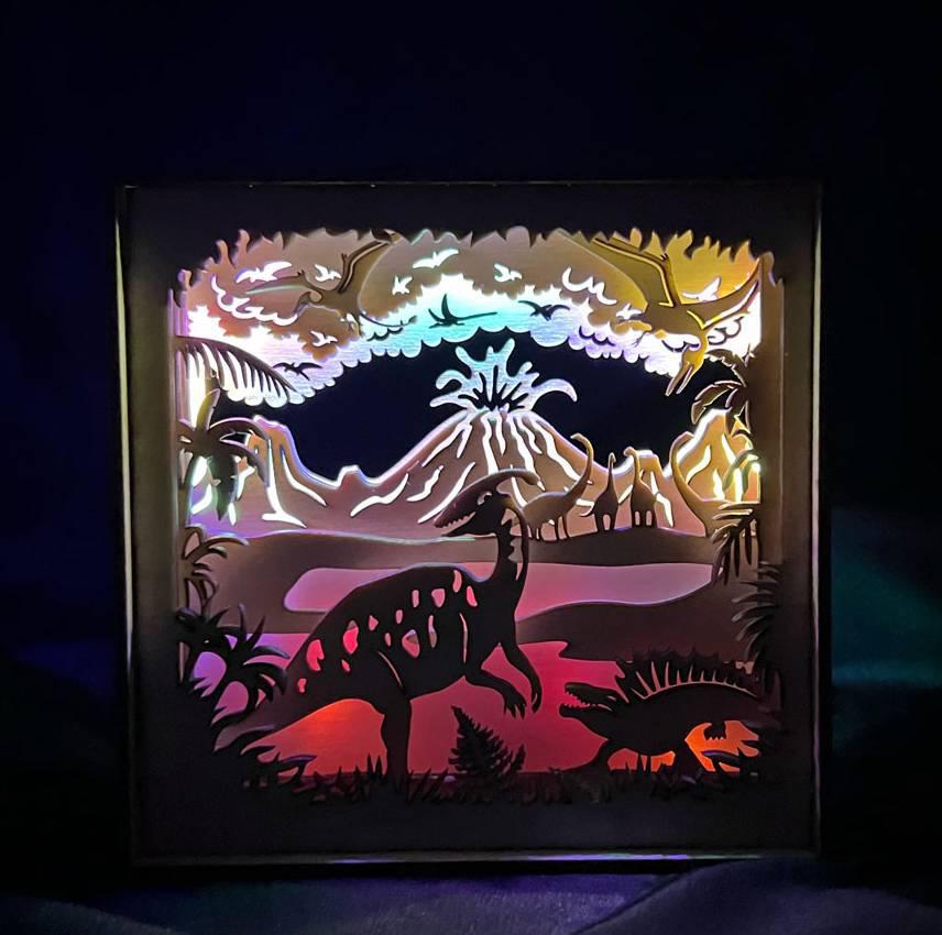 Lighted Shadowbox - Dinosaurs and Lava Fields by Squirrel Taco Papercuts
