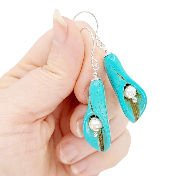 Earrings - Peace Lily Drops (Howlite, Pearl, Silver Fill) by Tiny Aloha