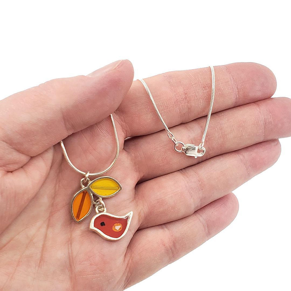 Necklace - Red Bird with Yellow Orange Leaves (A or B) by Happy Art Studio