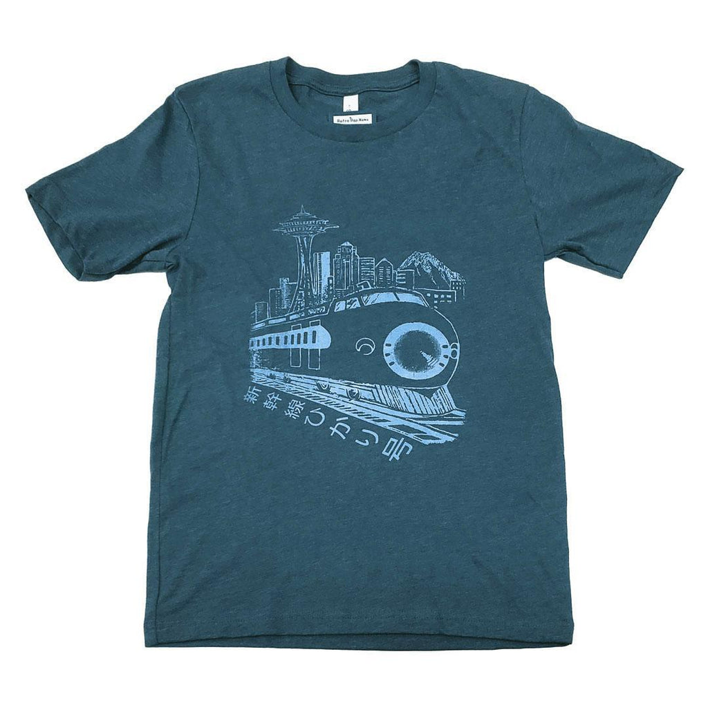 Adult Tee - Seattle Skyline Hikari Shinkansen on Dark Teal Crewneck Tee by Namu