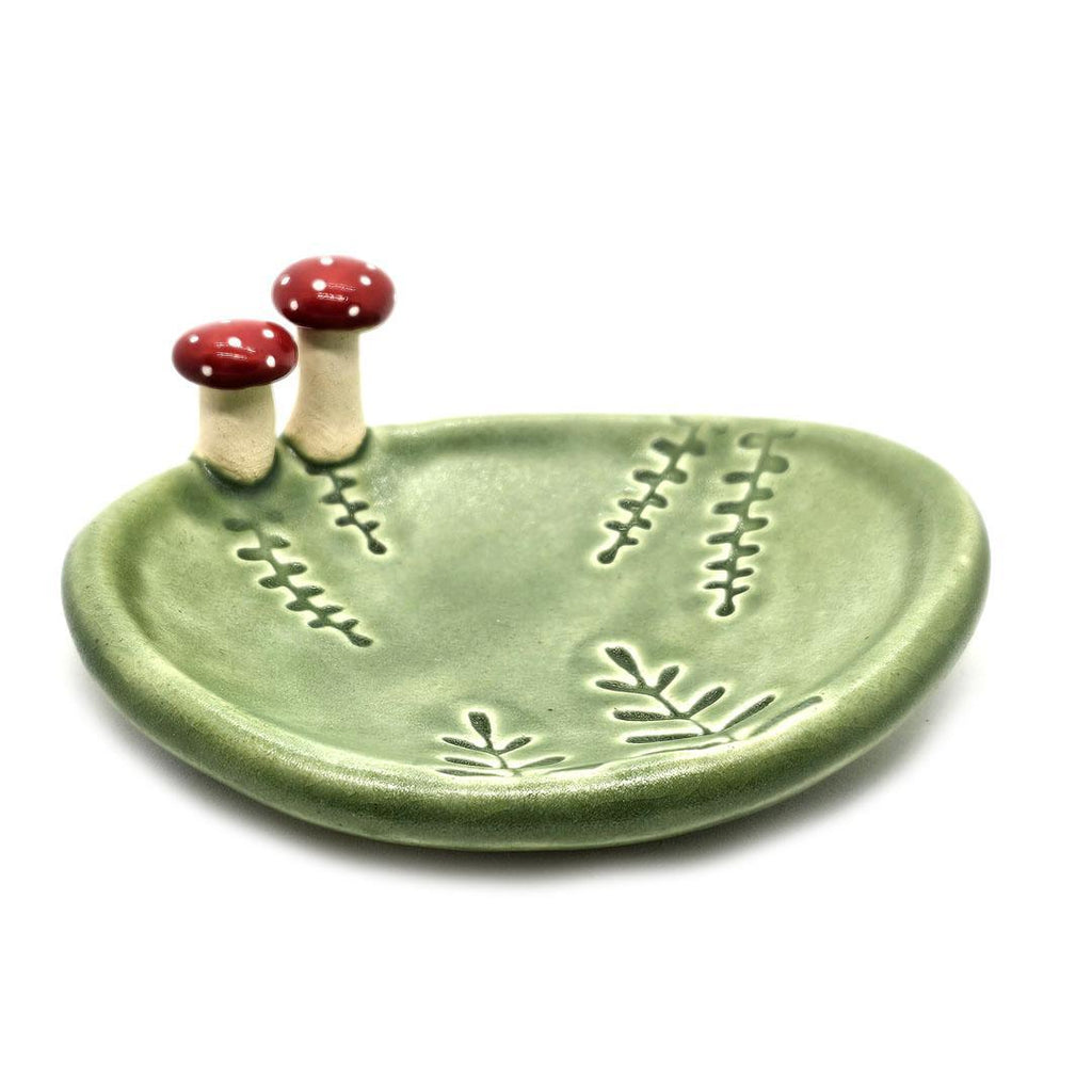 Oval Ring Dish - Red Mushrooms and Fern Fronds (Green) by Tasha McKelvey