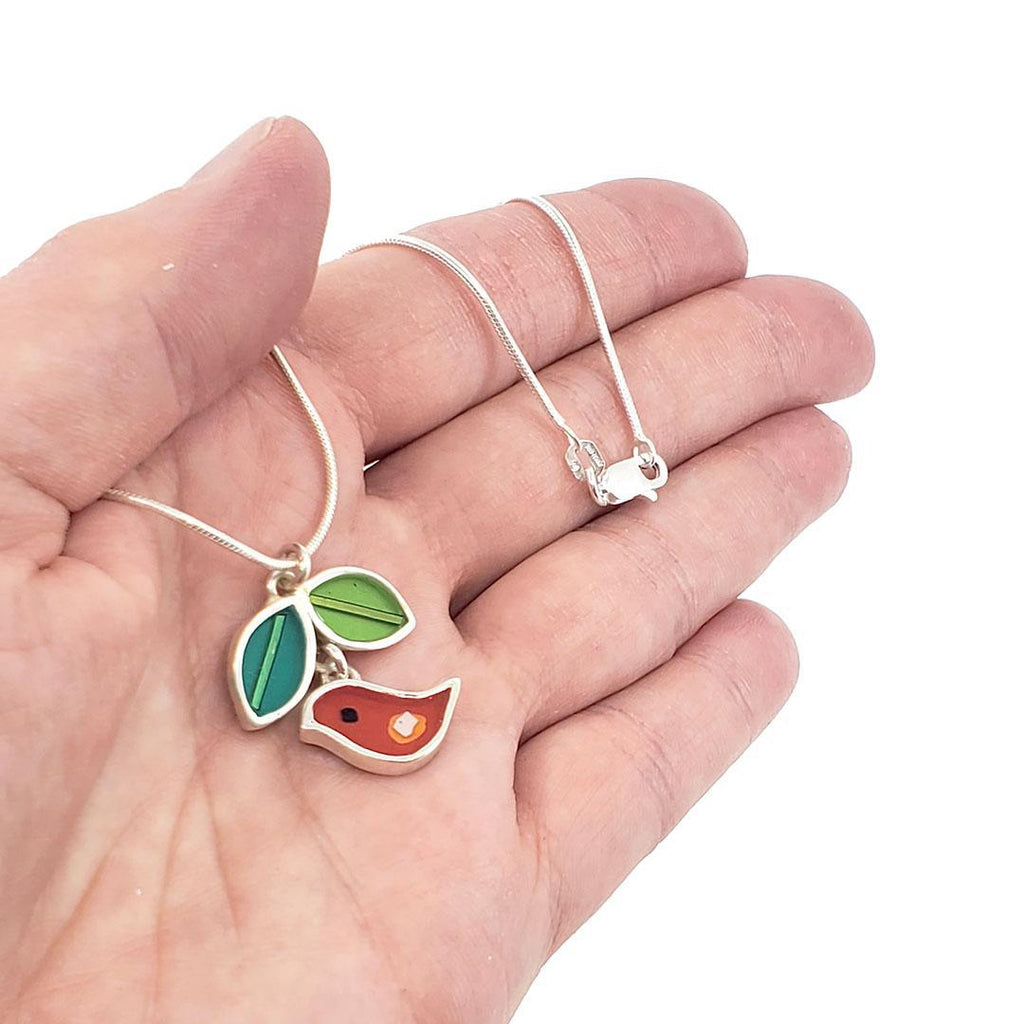 Necklace - Red Bird with Green Leaves (A or B) by Happy Art Studio