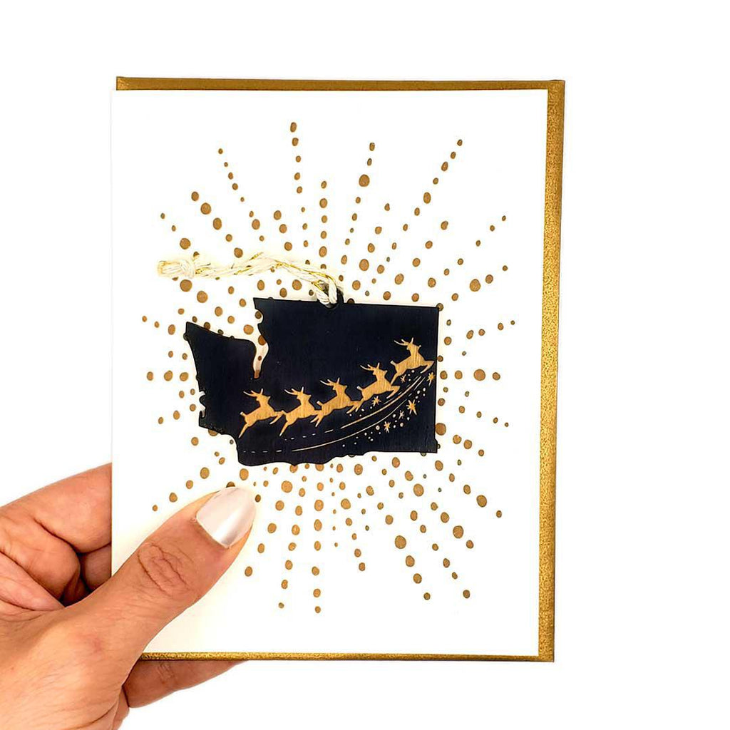 Ornament Card - Reindeer over Washington State (Black) by SnowMade