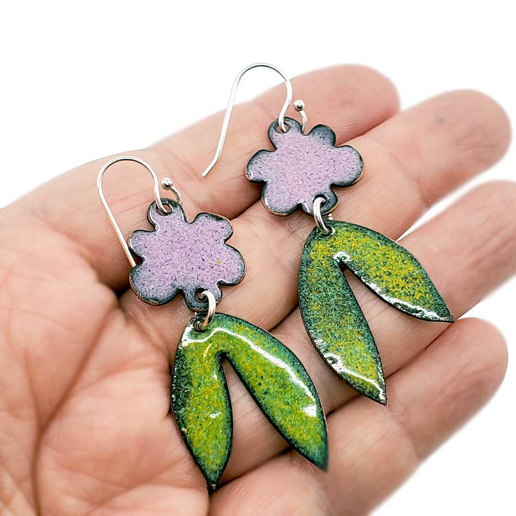 Earrings - Flower Leaves Dangle (Purple Lime Green) by Magpie Mouse Studios