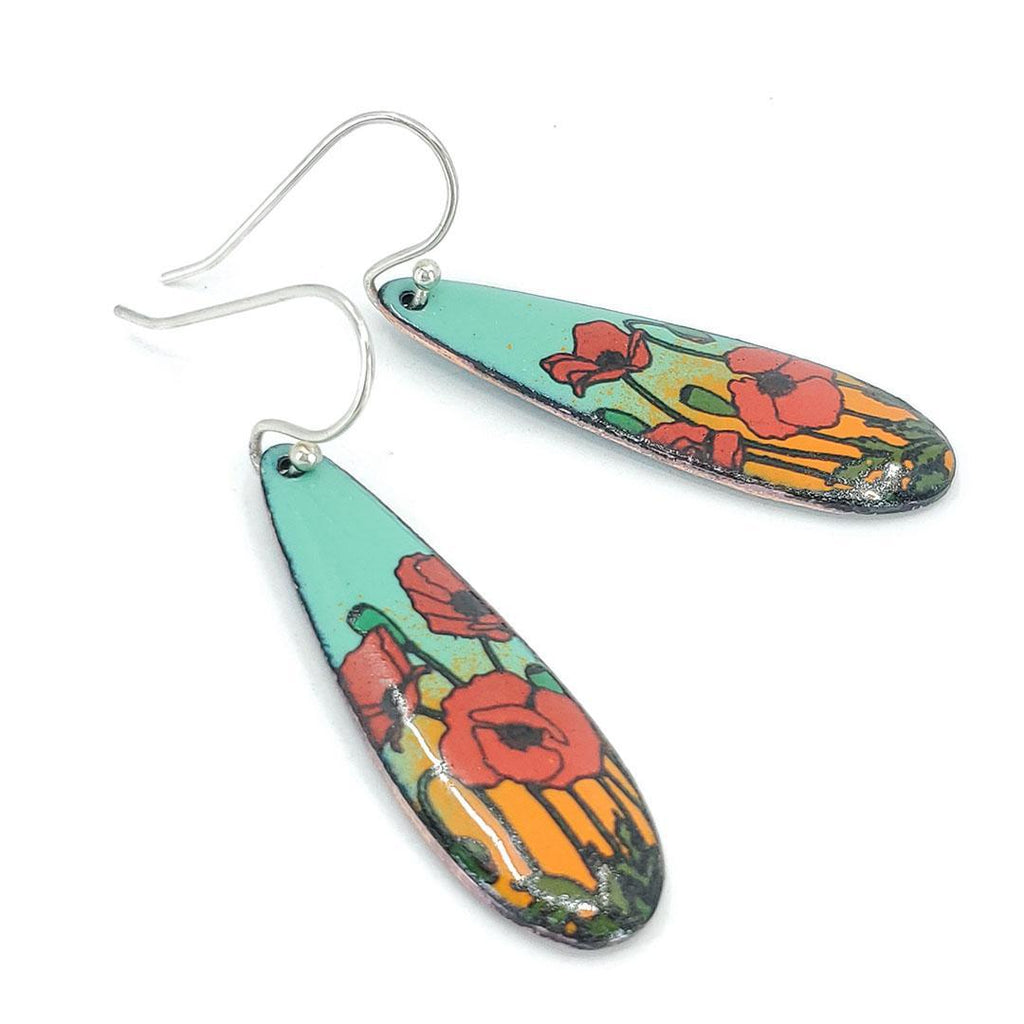 Earrings - Red Poppies Long Teardrop (Turquoise Orange) by Magpie Mouse Studios