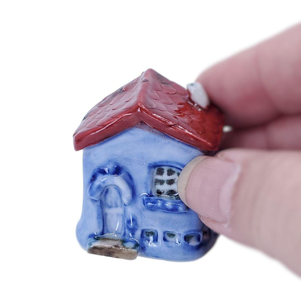 Tiny House - Blue House White Door Red Roof by Mist Ceramics